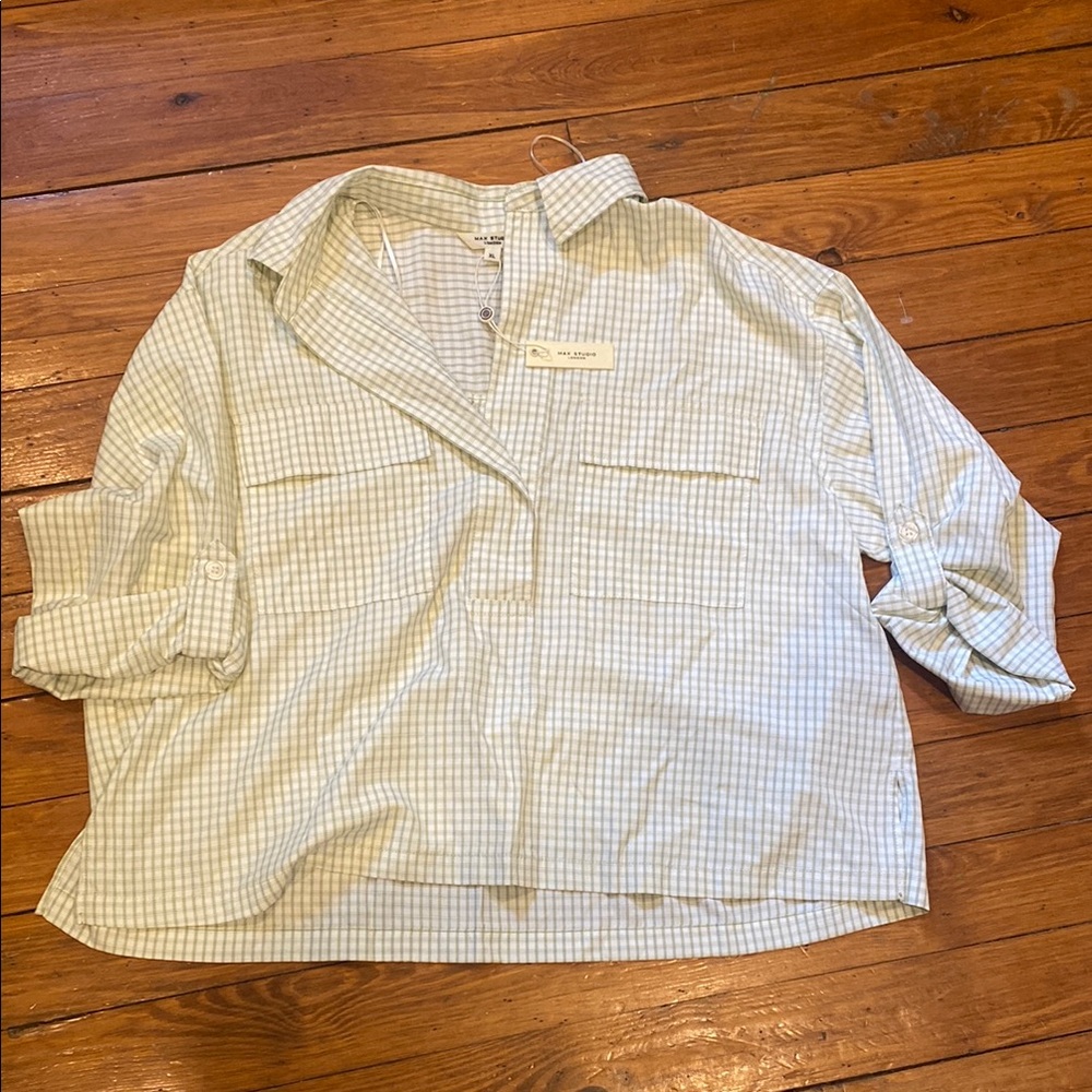 Max Studio  Light Green Plaid Shirt